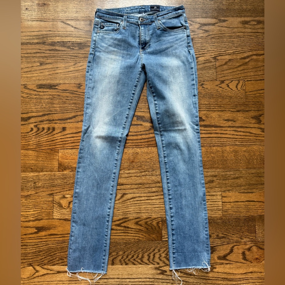 AG Adriano Goldschmied Light Blue Skinny Jeans with Frayed Hem | Size 25R
